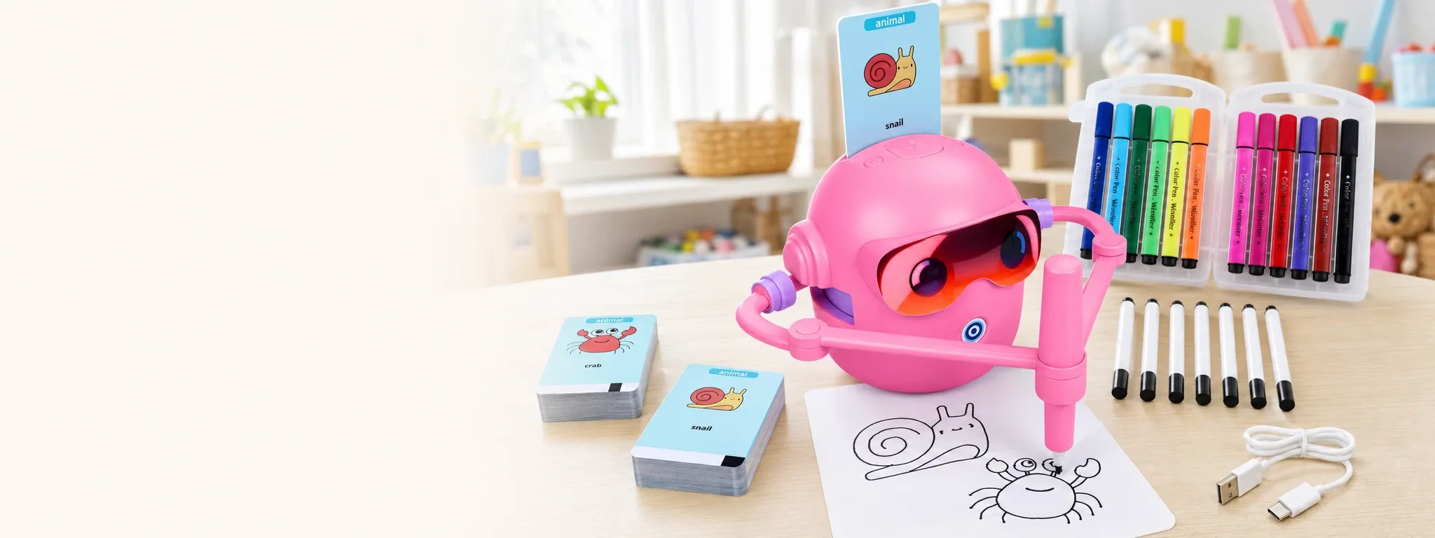A bright pink drawing robot with sunglasses, guiding children in drawing a snail and crab on paper, surrounded by colorful markers and educational cards in a cheerful home setting.